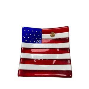 Vetro Di Murano Italy Fused Art Glass Flag Red White Blue Trinket Dish Stars